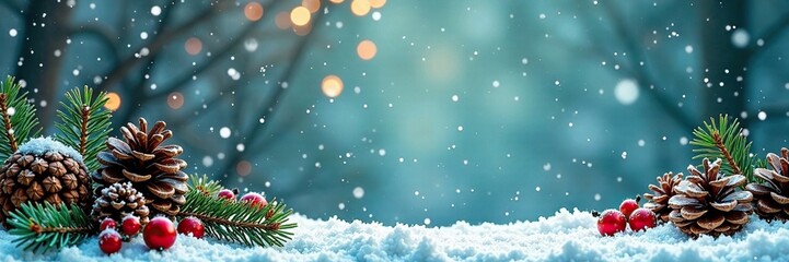 A festive Christmas border with pinecones and berries, snowflakes, snowy