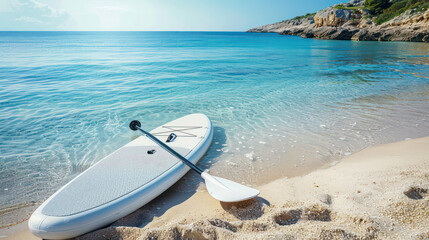 serene beach scene featuring paddleboard on calm waters