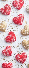 Fototapeta premium Festive Red and Gold Hearts on Snowy Texture for Seasonal Decoration