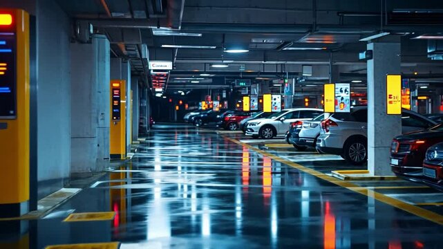 Night Parking Garage: Sleek cars parked in a modern, well-lit underground parking facility. Reflections on the wet floor add a sense of depth and mystery. Perfect for urban, transportation.