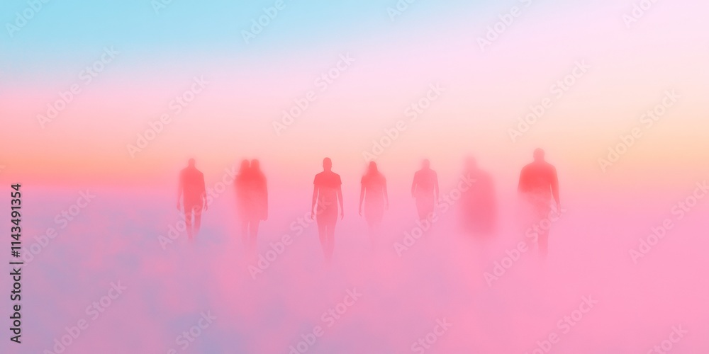 Poster ethereal group in a dreamy mist futuristic conceptual art with soft gradients