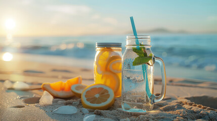 Refreshing drinks on beach with lemon and mint, perfect for summer