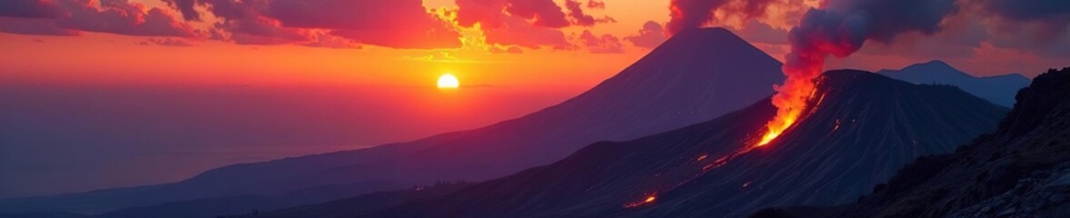 Fototapeta premium A fiery sunrise over the volcanic mountainside, Burning Sky, Glowing, Volcanoes