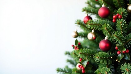 Fototapeta premium A fir tree with a white background, decorated with greenery, balls, and ornaments, holly berries, holiday decor, greenery