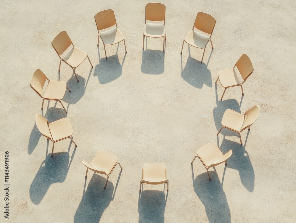 Poster minimalist circle of chairs in sunlit space with surreal shadows