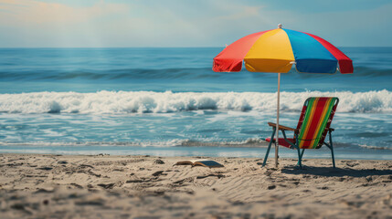colorful beach umbrella and chair by ocean waves create serene scene