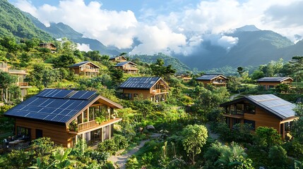 Fototapeta premium Sustainable Mountaintop Village: Eco-Friendly Homes in a Lush Valley. AI Generated