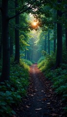 Obraz premium A forest path at dusk with dark green foliage and a faint light glow, light, ambiance