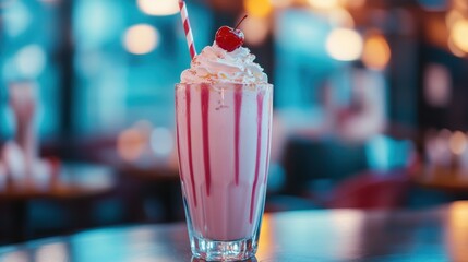 Naklejka premium Classic Milkshake Topped with Whipped Cream and Cherry in Retro Diner