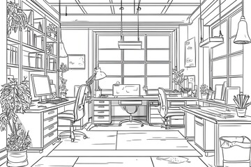 Fototapeta premium Office background with abstract elements such as office chairs and desk items. A minimalist office space with white walls, simple furniture, and clean lines. The desk is clutter-free, line art vector