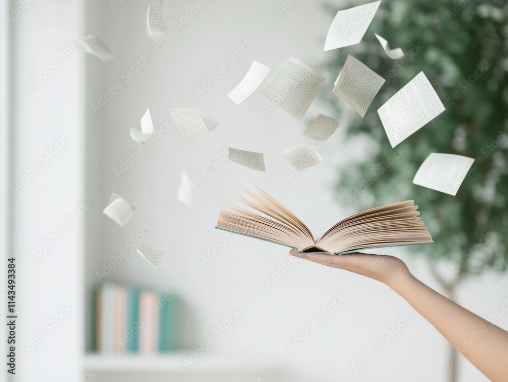 Poster Floating Knowledge Open Book and Flying Pages in Soft Natural Light