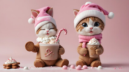 Fototapeta premium Adorable Kittens in Santa Hats Enjoying Hot Chocolate. Generative AI.