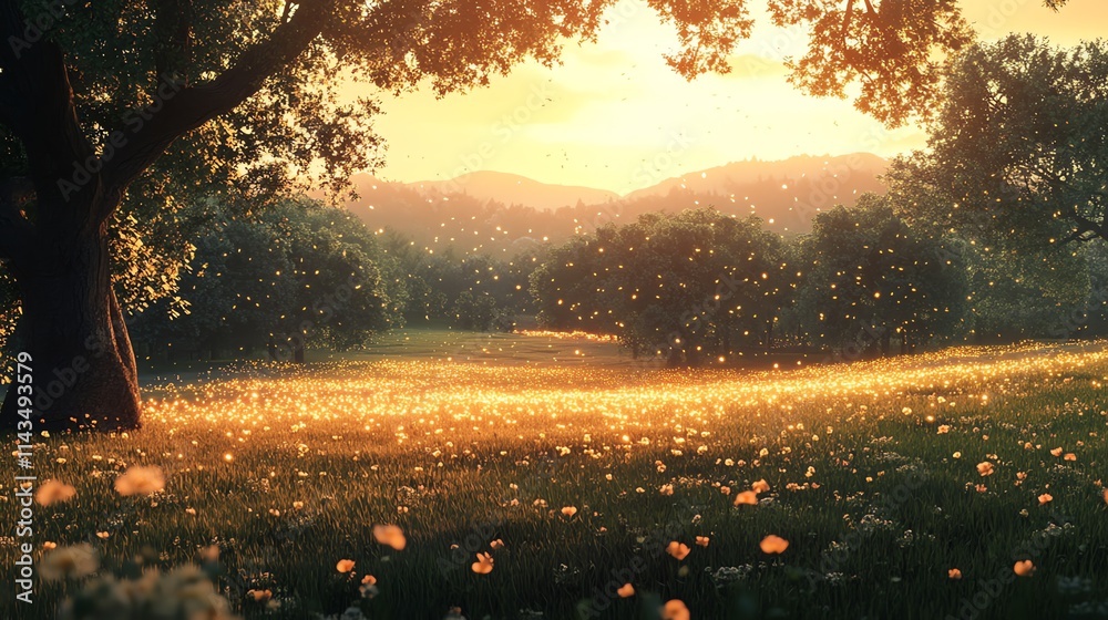 Aufkleber serene sunset over a meadow, illuminated by soft light and floating particles.
