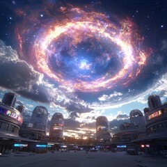 Stunning Cosmic Vortex Above Futuristic Cityscape at Dusk