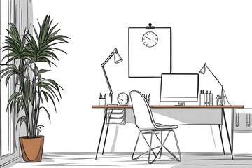 Fototapeta premium Office background with abstract elements such as office chairs and desk items. A minimalist office space with white walls, simple furniture, and clean lines. The desk is clutter-free, line art vector