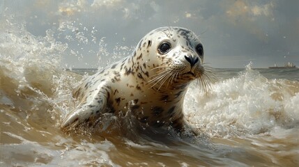 Obraz premium Spotted seal pup emerges from ocean waves.