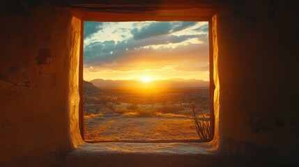 Desert sunset viewed through adobe window. Perfect for travel, nature, and serenity themes.