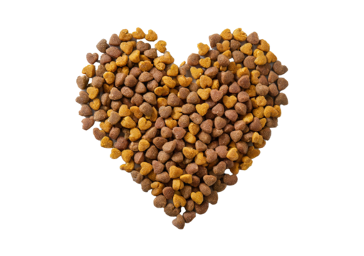 top view overhead pet dog cat food kibble feed pellet heart shape isolated on transparent or white background