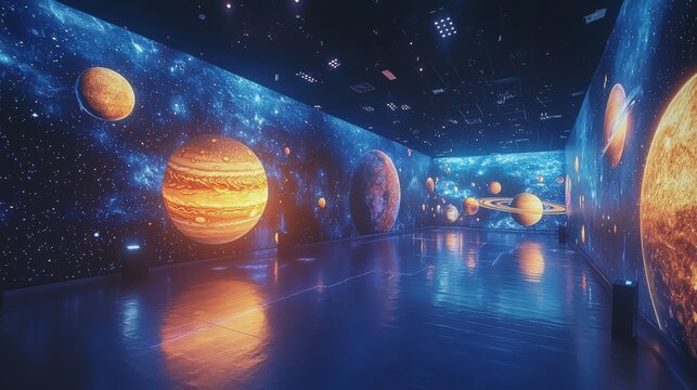A space-themed exhibit where holographic planets hover above visitors, each providing an interactive exploration of the solar system. The vibrant holograms offer a hands-on experience of outer space