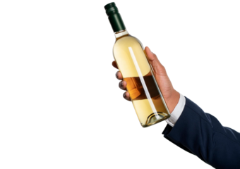 Hand holding bottle of white wine isolated on transparent or white background