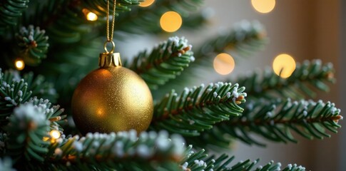 A gold Christmas tree ornament is nestled among the branches of a living evergreen on a mantle, gold, ornament, winter