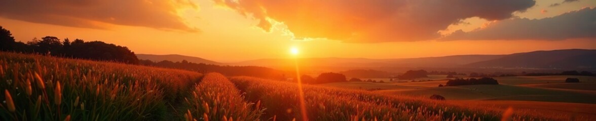 A golden glow illuminates a serene landscape at sunset, landscape, calm