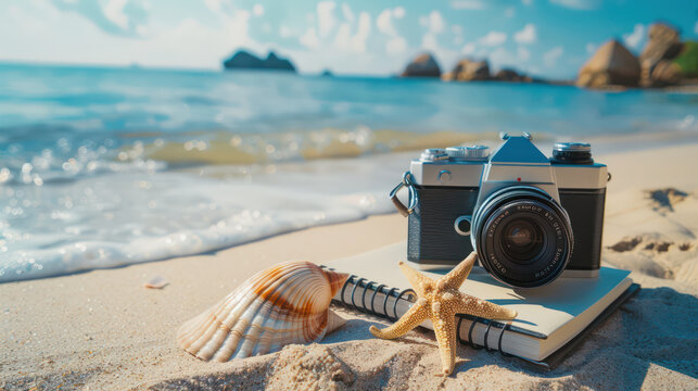 vintage camera on sandy beach with starfish and seashell