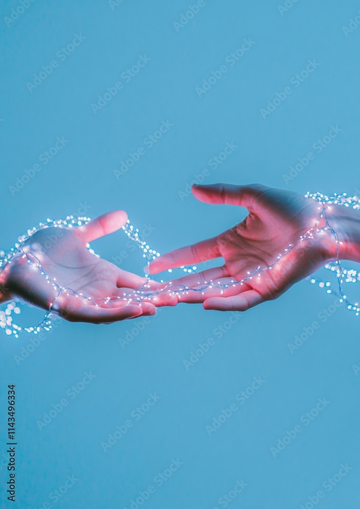 Poster Holographic Hand Interaction with Glowing Data Points—Cyber Security and Connection Concept