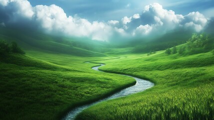 Fototapeta premium Serene River Winding Through Lush Green Valley Landscape. AI Generated