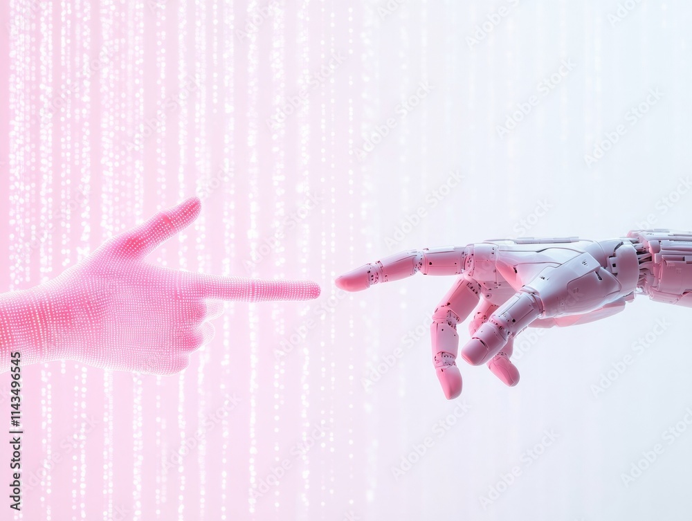 Poster human and robotic hands reaching with digital light patterns for cybersecurity concept