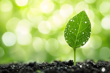 tiny green leaf with visible water droplets, illuminated against a pale green bokeh background resembling morning light.