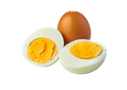 Single whole boiled egg with halved egg isolated on a transparent or white background