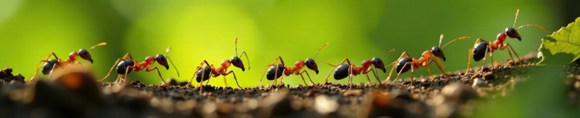 A group of ants marching in single file along a trail of leaves, insects foraging, outdoor exploration, insect trail