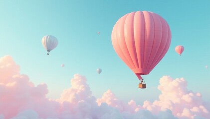 Obraz premium A group of balloons slowly ascending into the pale blue atmosphere, serene scene, relaxed atmosphere
