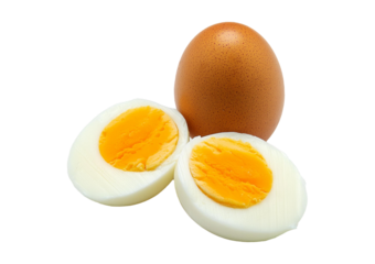 Single whole boiled egg with halved egg isolated on a transparent or white background
