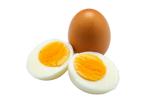 Single whole boiled egg with halved egg isolated on a transparent or white background