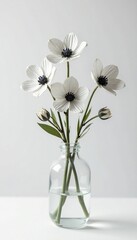 A group of silver flowers arranged in a vase on a minimalist white background, modern, abstract, contemporary