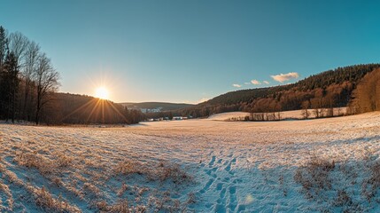 Sunlit snowy field with winter trees and distant hills at sunrise.