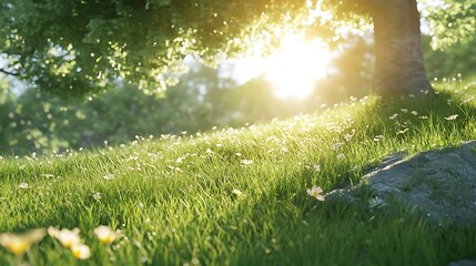 Obraz premium Sunlight Streaming Through Trees in Grassy Meadow Close-Up Photo. AI Generated