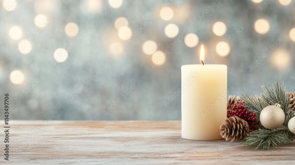 Poster Glowing Candle and Evergreen Arrangement on Wooden Table with Soft Bokeh Background