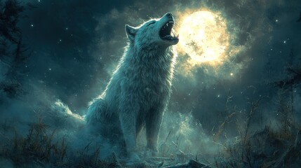 Obraz premium White wolf howls at night, moonlit forest.