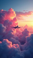 Fototapeta premium Airplane descends through fluffy pink clouds at dusk, weather, airplane