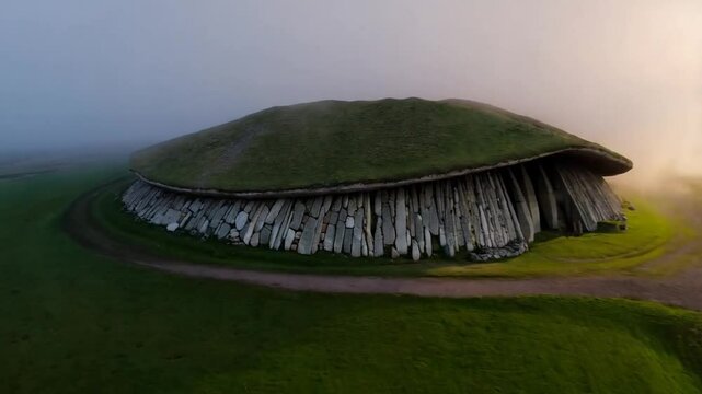 Newgrange Aerial Winter Solstice Sunrise, Misty Ancient Landscape of Prehistoric Ireland, Ethereal and Dramatic Monument Highlight