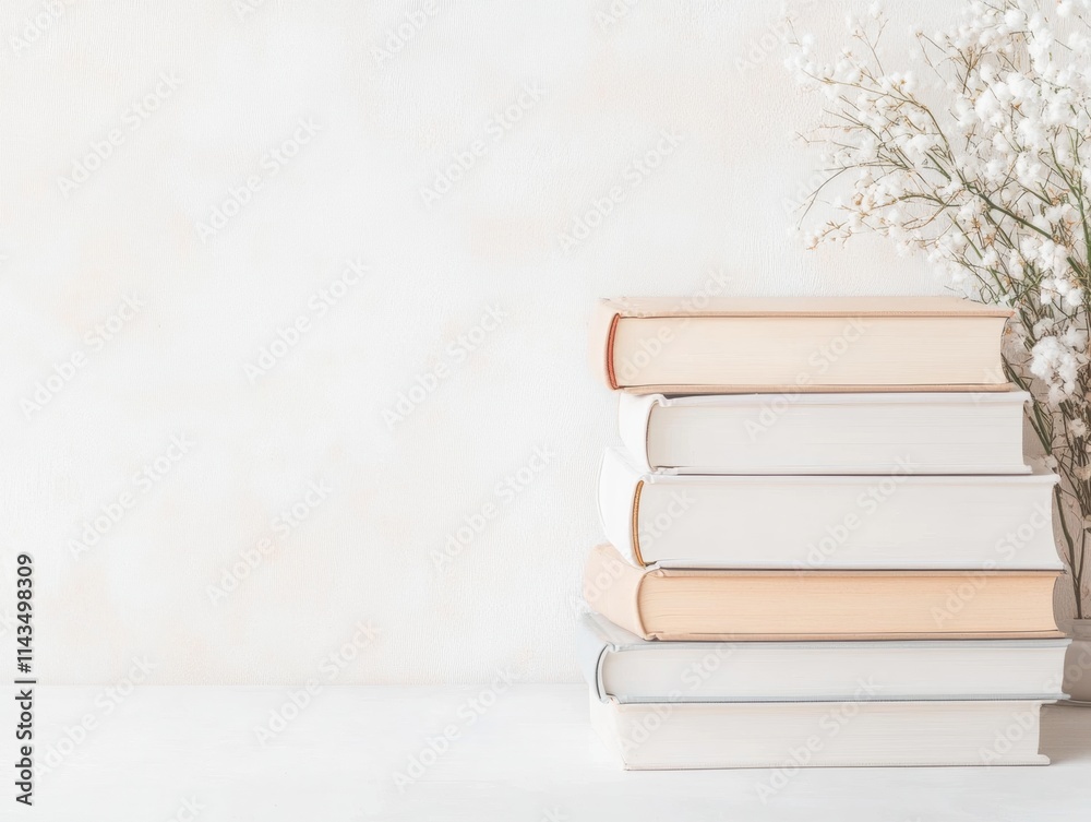 Poster serene stack of books with delicate flowers on minimalist background