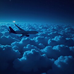 Obraz premium airplane gliding through a layer of dark blue clouds at night, layer, airplane, moving
