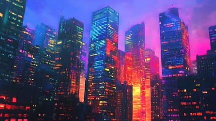 Obraz premium Nighttime city buildings brightly glow digital painting futuristic style. AI Generated