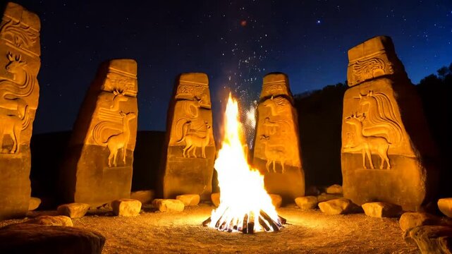 Ancient Ritual Fire at G&ouml;bekli Tepe Stone Circle, Mystical Carved Pillars Under Starlit Sky, Dramatic Firelight Ceremony, 9000 BCE Sacred Site