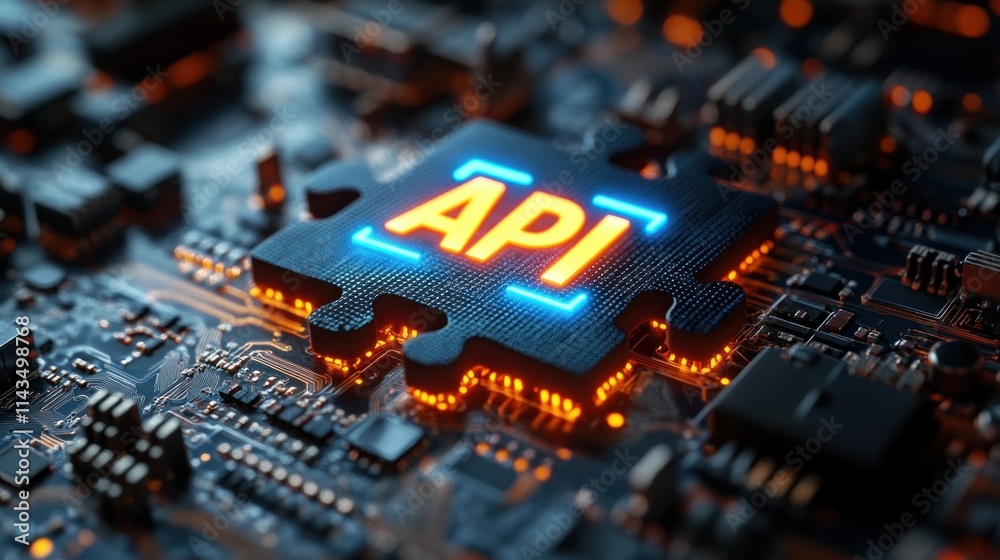 Aufkleber futuristic api integration concept with neon puzzle piece on circuit board background