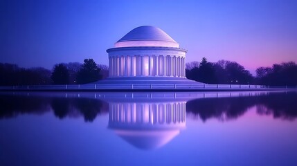 Obraz premium Glowing white building reflected sharply in still evening water wide shot photo. AI Generated