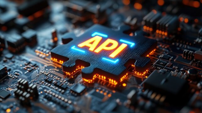 Futuristic API Integration Concept with Neon Puzzle Piece on Circuit Board Background
